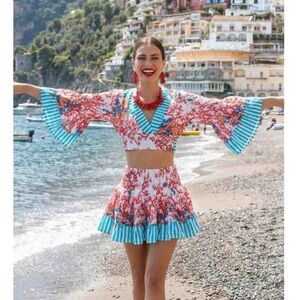Antica Sartoria 2026 Red Floral Mini top -skirt with Turquoise Trim MWT O/S